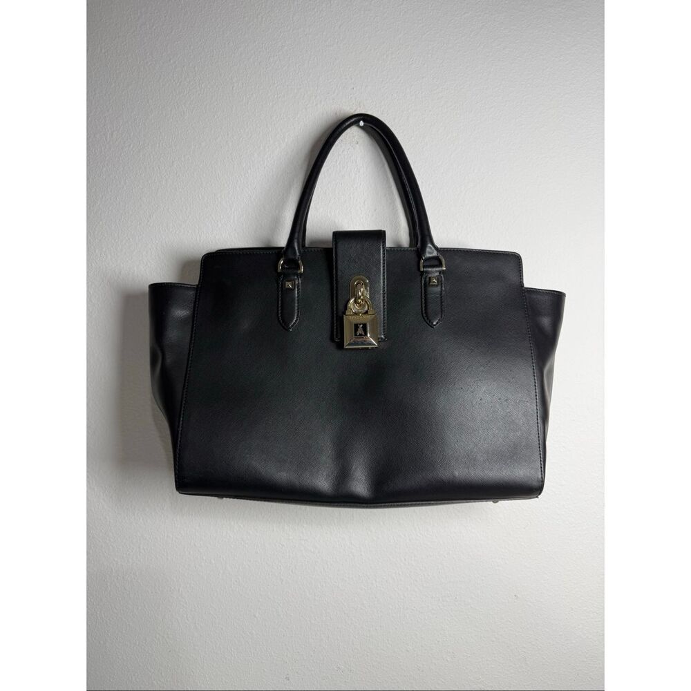 Black Leather Structured Satchel Handbag with Gold Lock